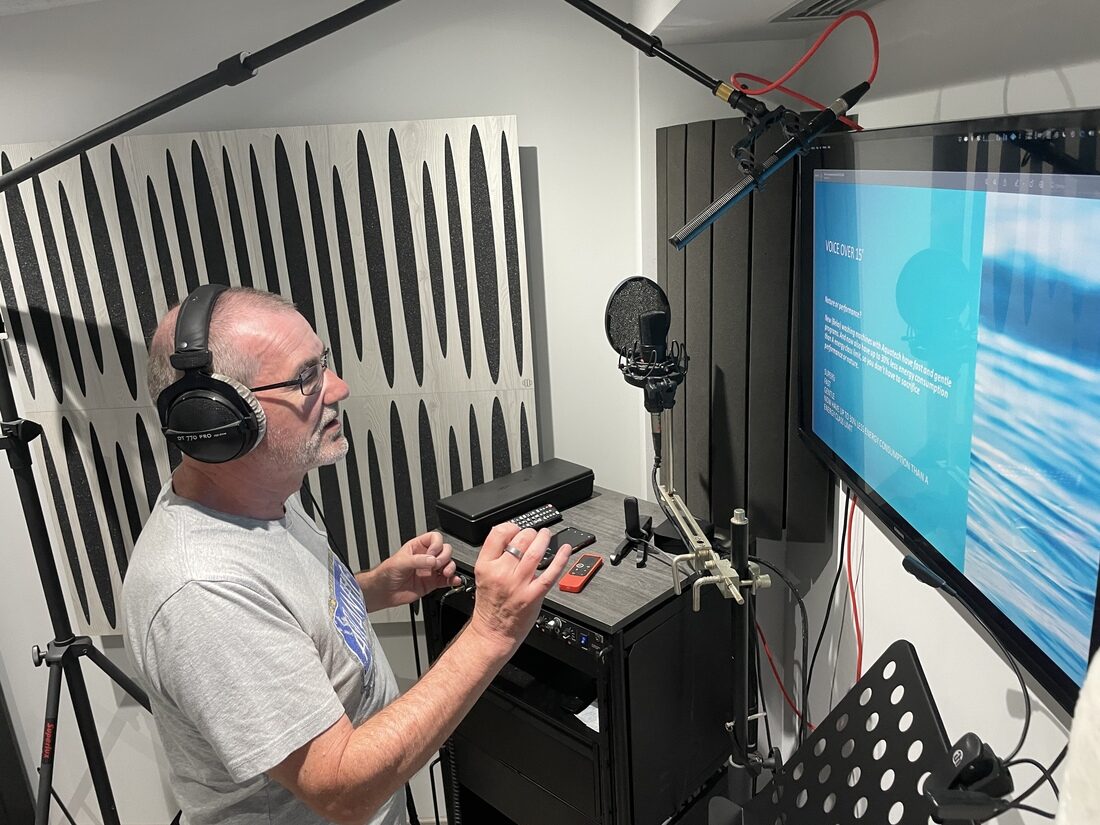 ADR / dubbing session at Graba Music Studio — voice actor performing to picture