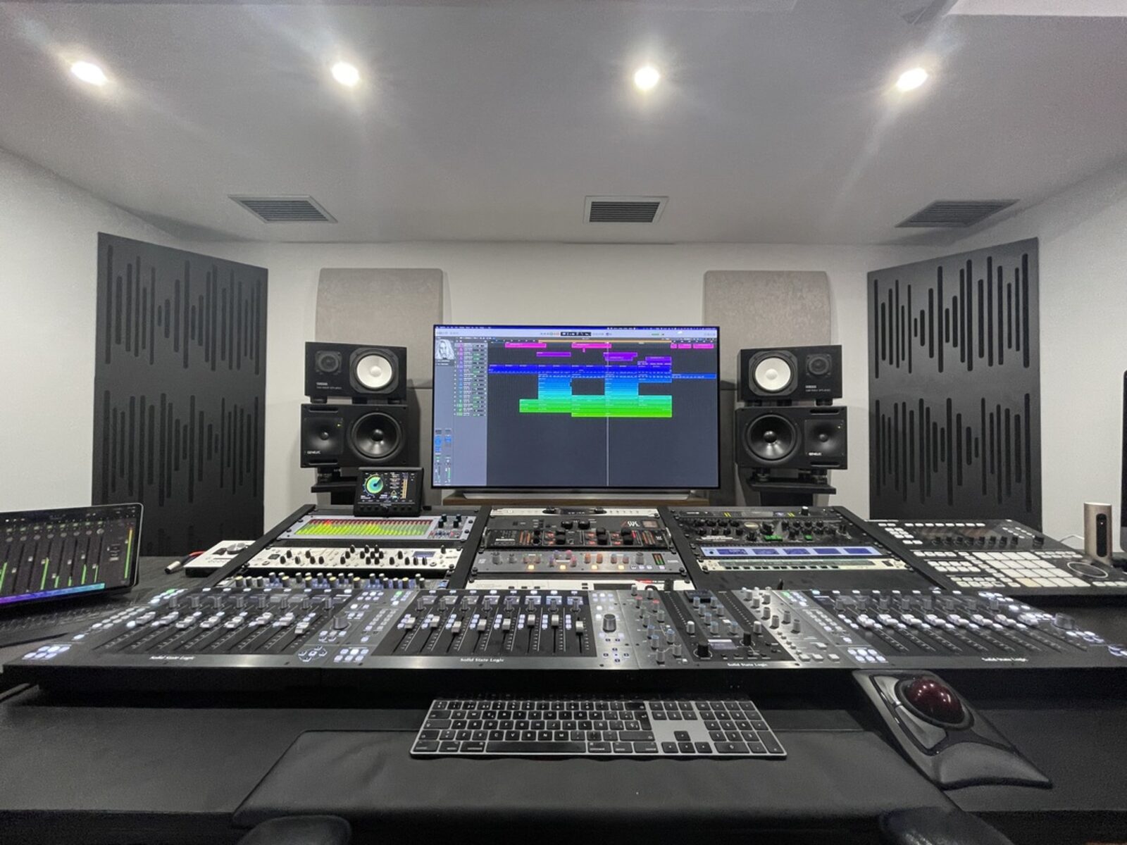Graba Music Studio control room — SSL desk, Genelec monitoring and Dolby Atmos 7.1.4 setup